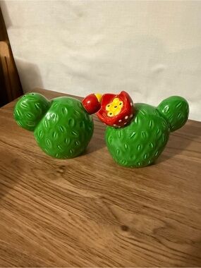 Abrand Green Ceramic Cactus Salt and Pepper Set with Red Flower